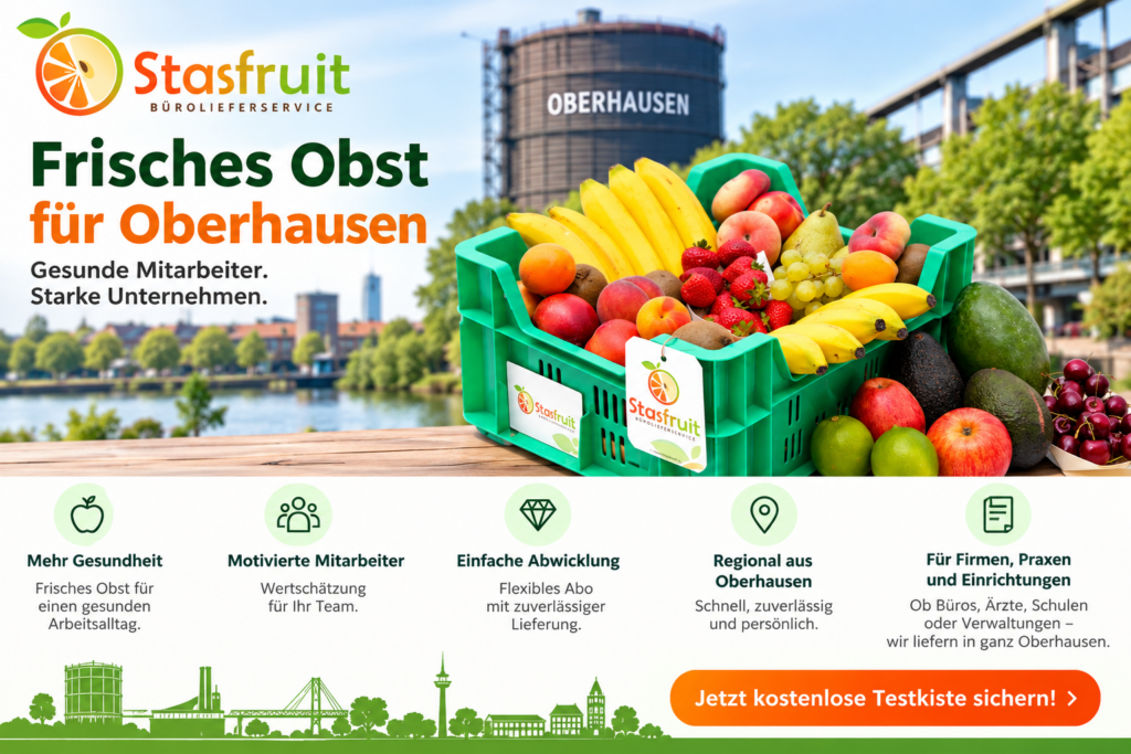 Stasfruit Obstlieferservice Oberhausen – Grüne Obstkiste mit frischem Obst vor dem Gasometer Oberhausen